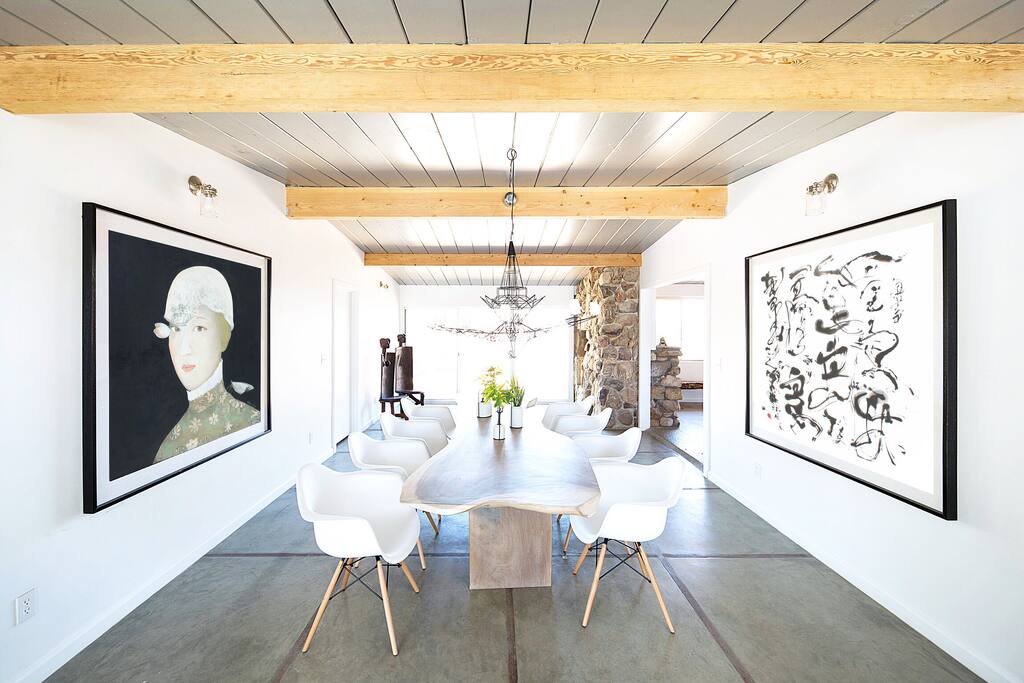 The spacious dining room provides space for eight people.