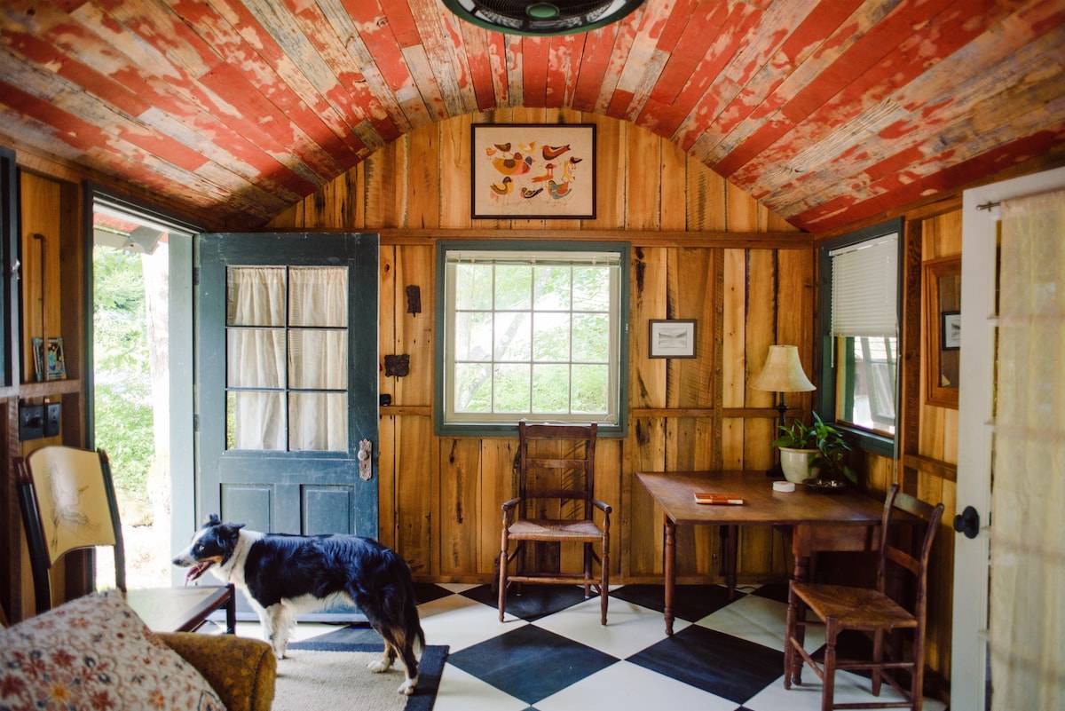 The interior showcases a wooden cabin with a high, curved ceiling adorned in red and natural tones. A dark wood table is positioned near a window, with a lamp and greenery enhancing the space. A friendly dog is seen walking across the black and white checkered floor.