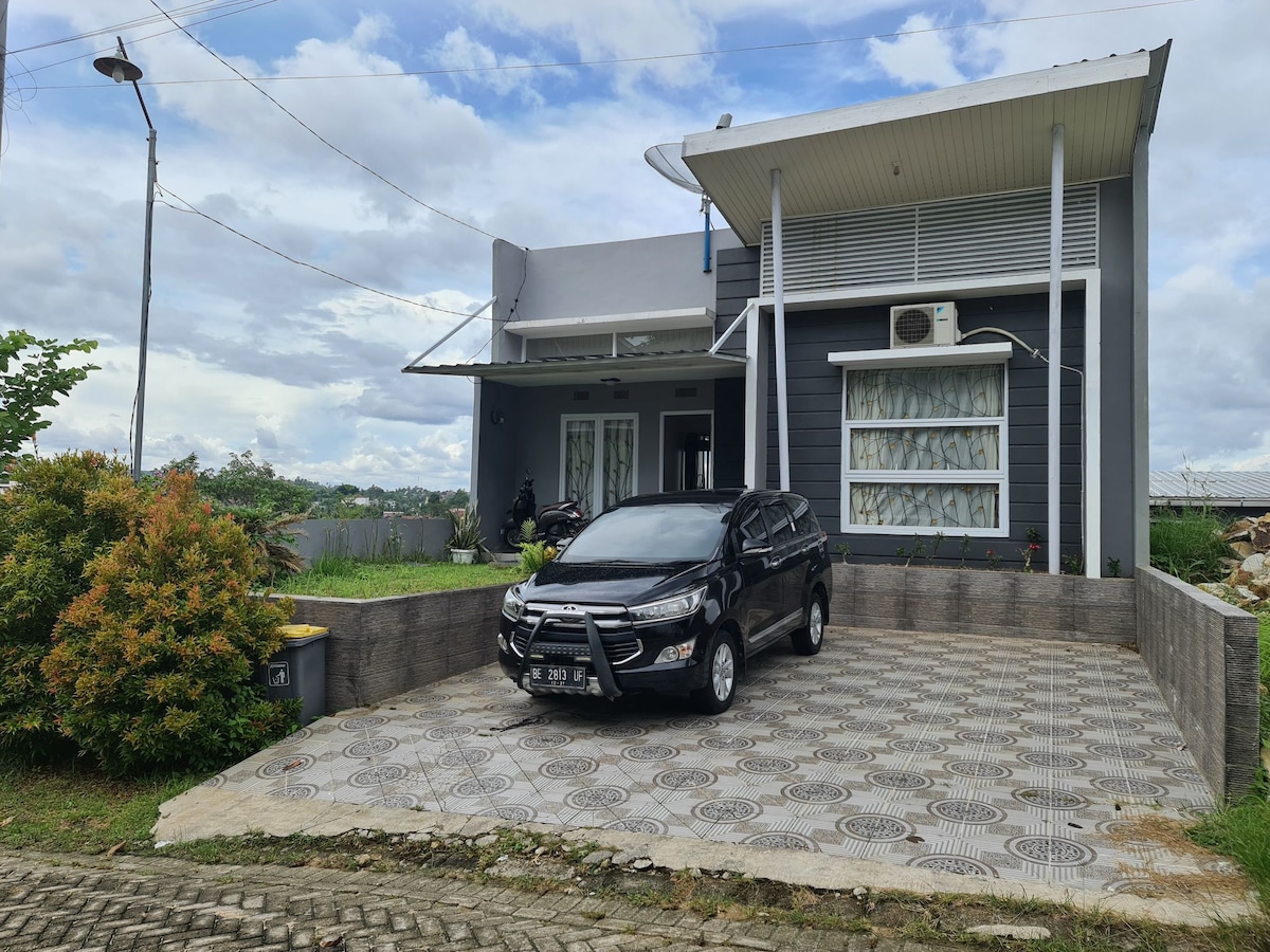 The exterior of the house features a modern facade with large windows and a welcoming entrance. A black vehicle is parked on the driveway, surrounded by a neatly maintained landscape with greenery and decorative plants. A clear blue sky enhances the tranquil setting.