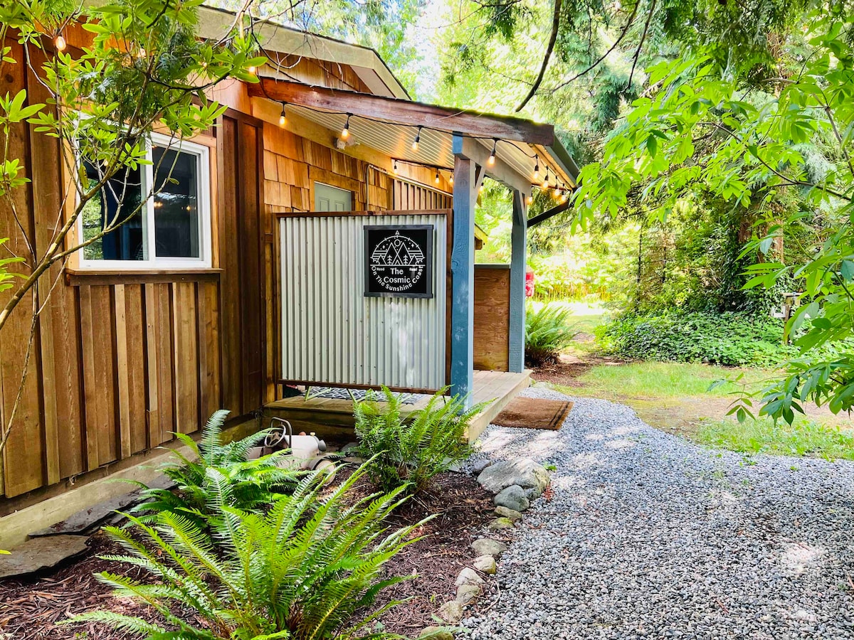 The exterior of a rustic cabin is framed by lush greenery and decorative ferns. A wooden sign featuring the cabin's name is positioned by the entrance, which includes a covered porch leading to a gravel pathway. Natural wood siding enhances the cabin's connection to the surrounding environment.