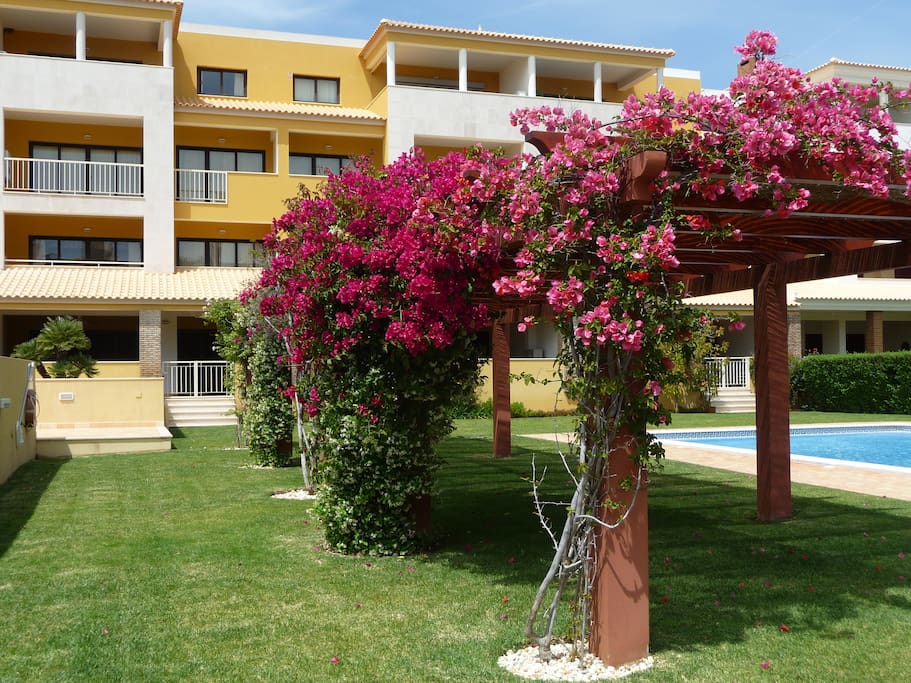 De la terrasse vue sur le jardin et les piscines