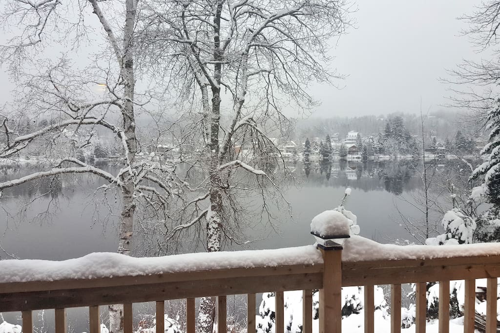 Vue du lac en hiver de l'intérieur du chalet