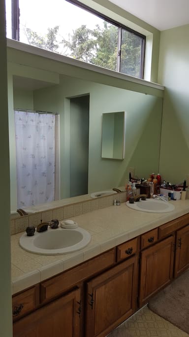 spacious bathroom with double-sink, shower and separate rub