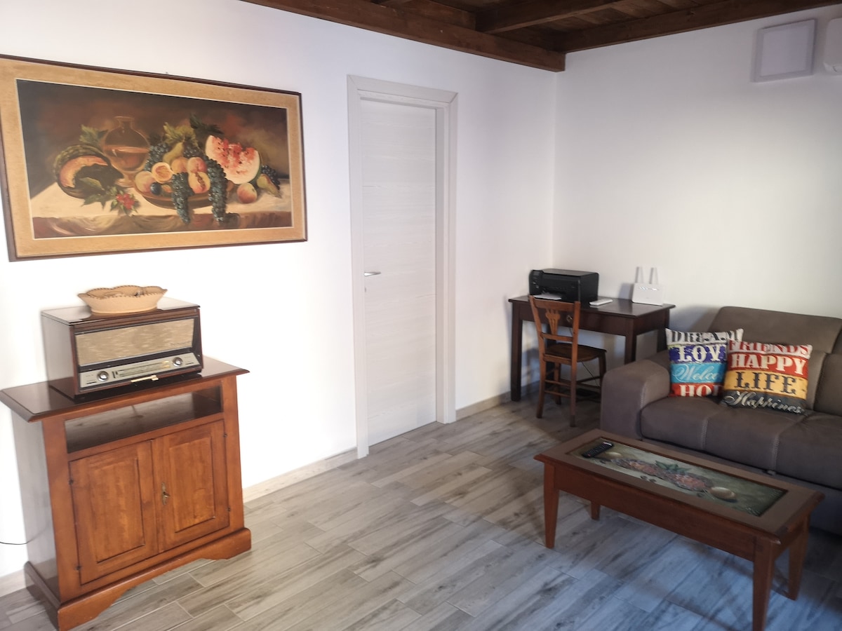 The welcoming living area features a wooden cabinet and a coffee table with a decorative top. A comfortable sofa is adorned with a colorful cushion. A desk with a printer is situated nearby, and a vintage-style radio adds a nostalgic touch to the space.