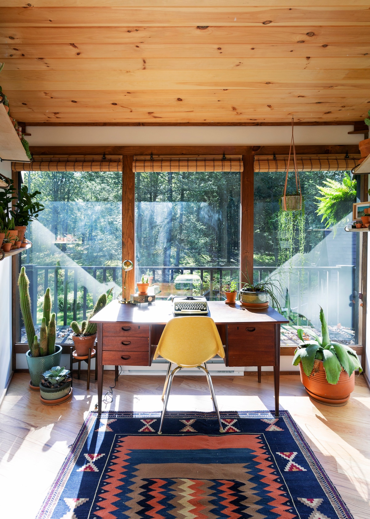 A bright workspace is presented with a wooden desk facing large glass windows, allowing natural light to fill the area. Various green plants adorn the space, and a colorful patterned rug adds warmth to the wooden floors. A typewriter sits on the desk, inviting creativity.