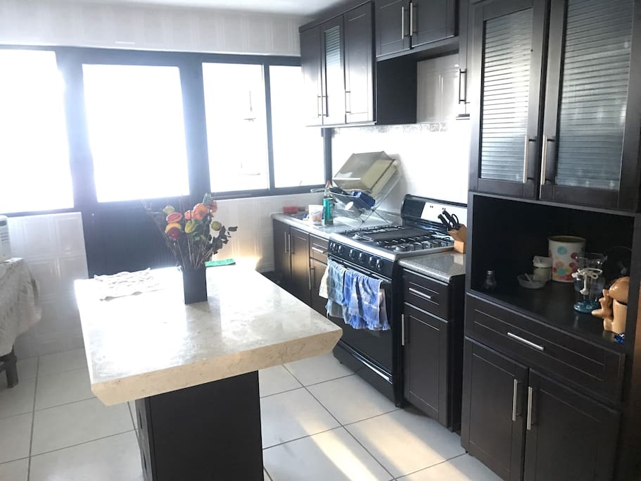 Cocina equipada con refrigerador, horno de microondas, estufa, cocina integral, trastes, mesa de apoyo y alacena