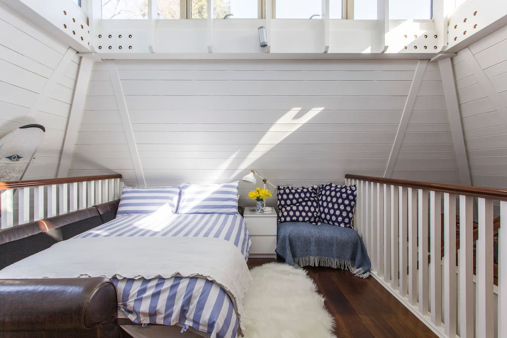 Dreamy double bed in sleeping mezzanine.