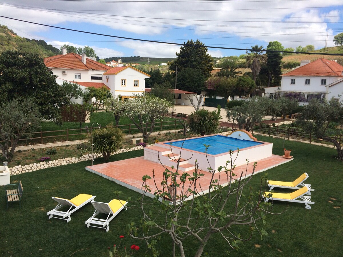A well-maintained garden features a swimming pool surrounded by sun loungers with yellow cushions. Lush greenery borders the patio area, connecting to various residences in the background, showcasing a harmonious blend of nature and architecture.