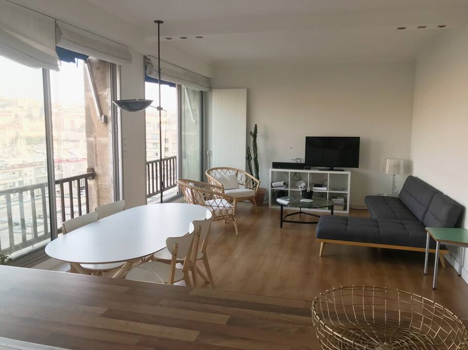 living room with kitchen