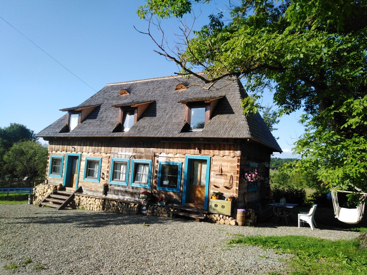 A traditional wooden barn stands surrounded by greenery, featuring a thatched roof and blue-framed windows. Steps lead to the entrance, and a hammock is visible to the side, inviting a relaxed outdoor experience.