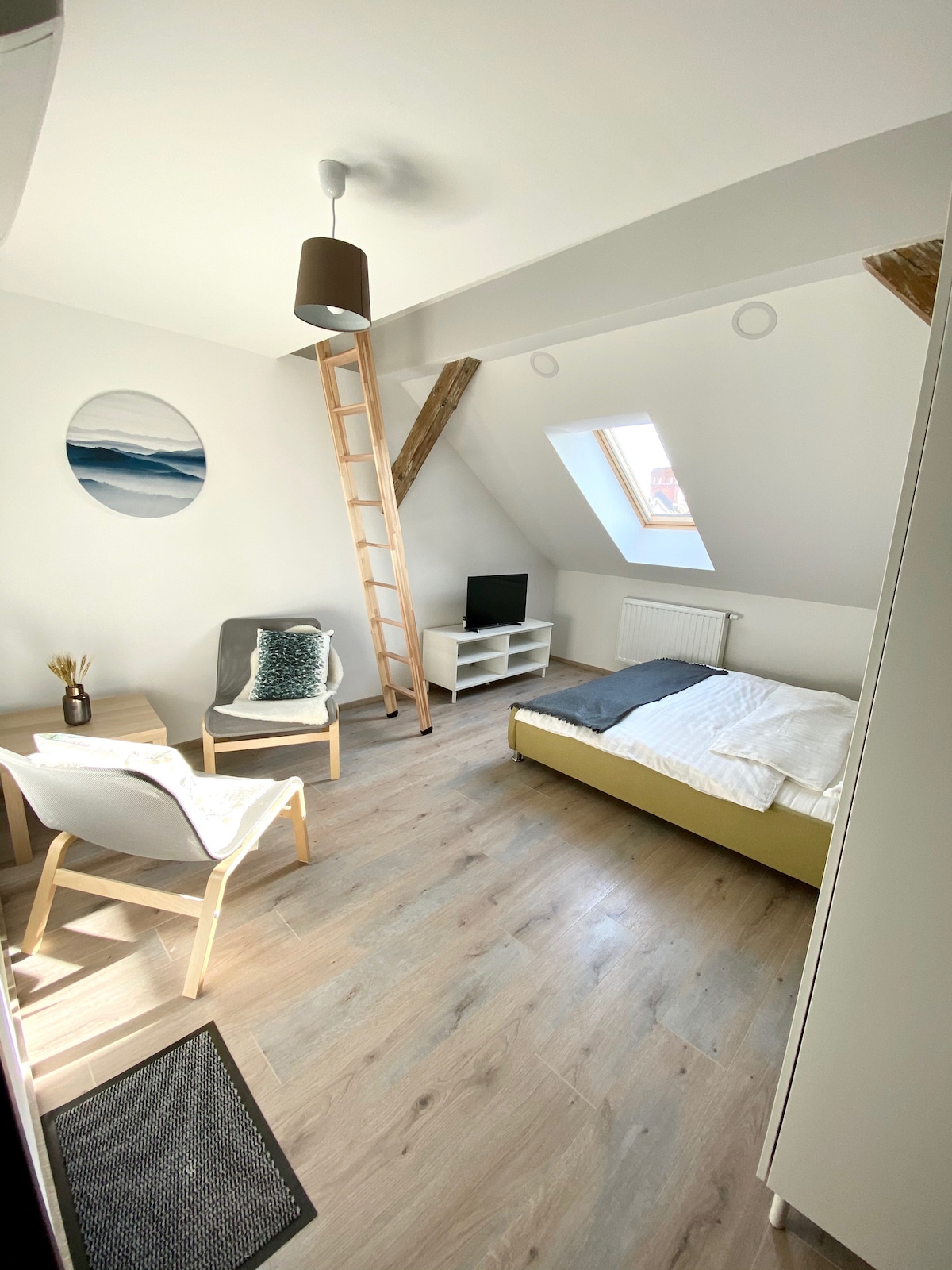 A bright room features a queen bed and a separate sleeping area accessible by a ladder. A TV is placed on a low unit, while a small table and chairs provide a cozy seating option. Natural light filters through a skylight, enhancing the room's open feel.
