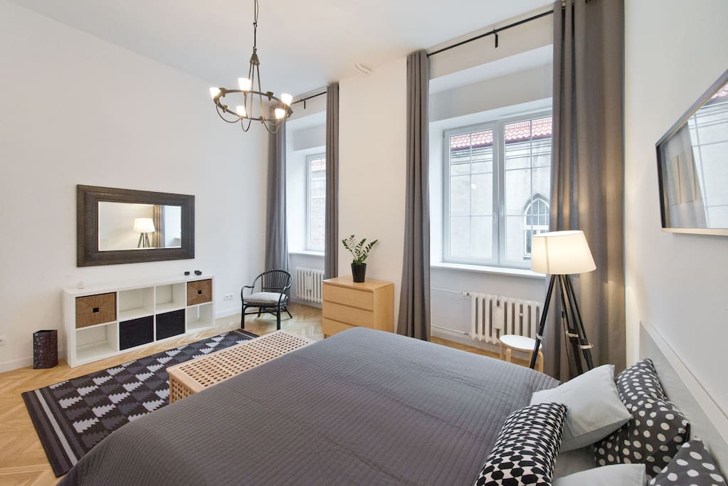 Large and light bedroom with high ceilings