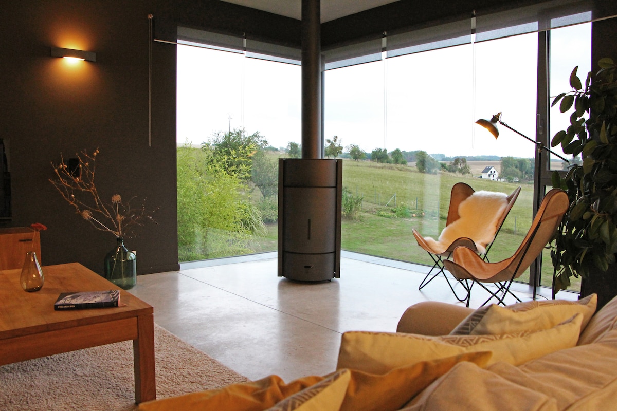 A spacious living area is defined by large glass windows that frame views of the surrounding landscape. A modern fireplace stands centrally, surrounded by a cozy seating arrangement featuring a butterfly chair and a comfortable sofa adorned with plush cushions.