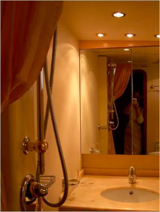 Shower outfitted with marble and teak & gold.