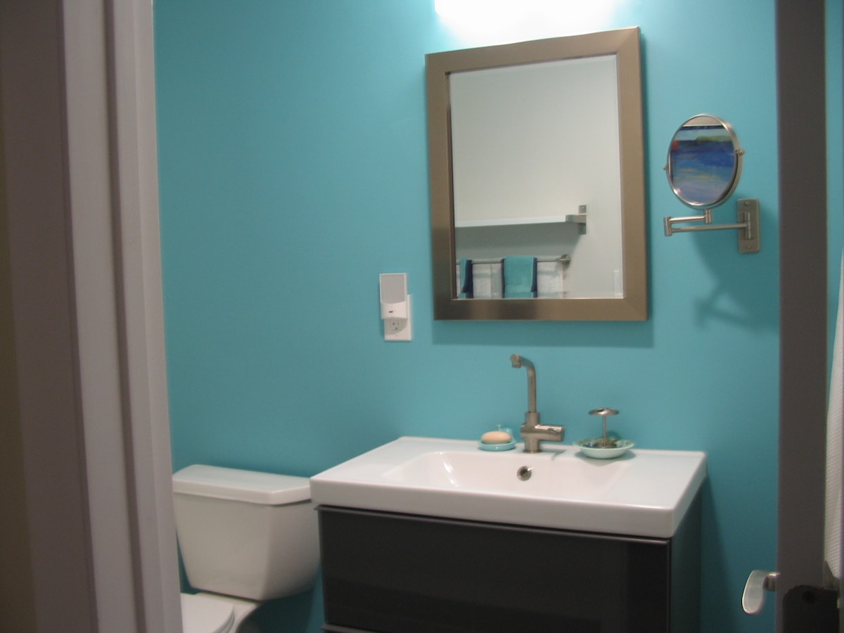 A powder room features a sleek vanity with a modern sink and spacious countertop. The walls are painted a vibrant blue, complementing a large framed mirror above the sink. A toilet is positioned beside the vanity, and toiletries are arranged neatly on the countertop.
