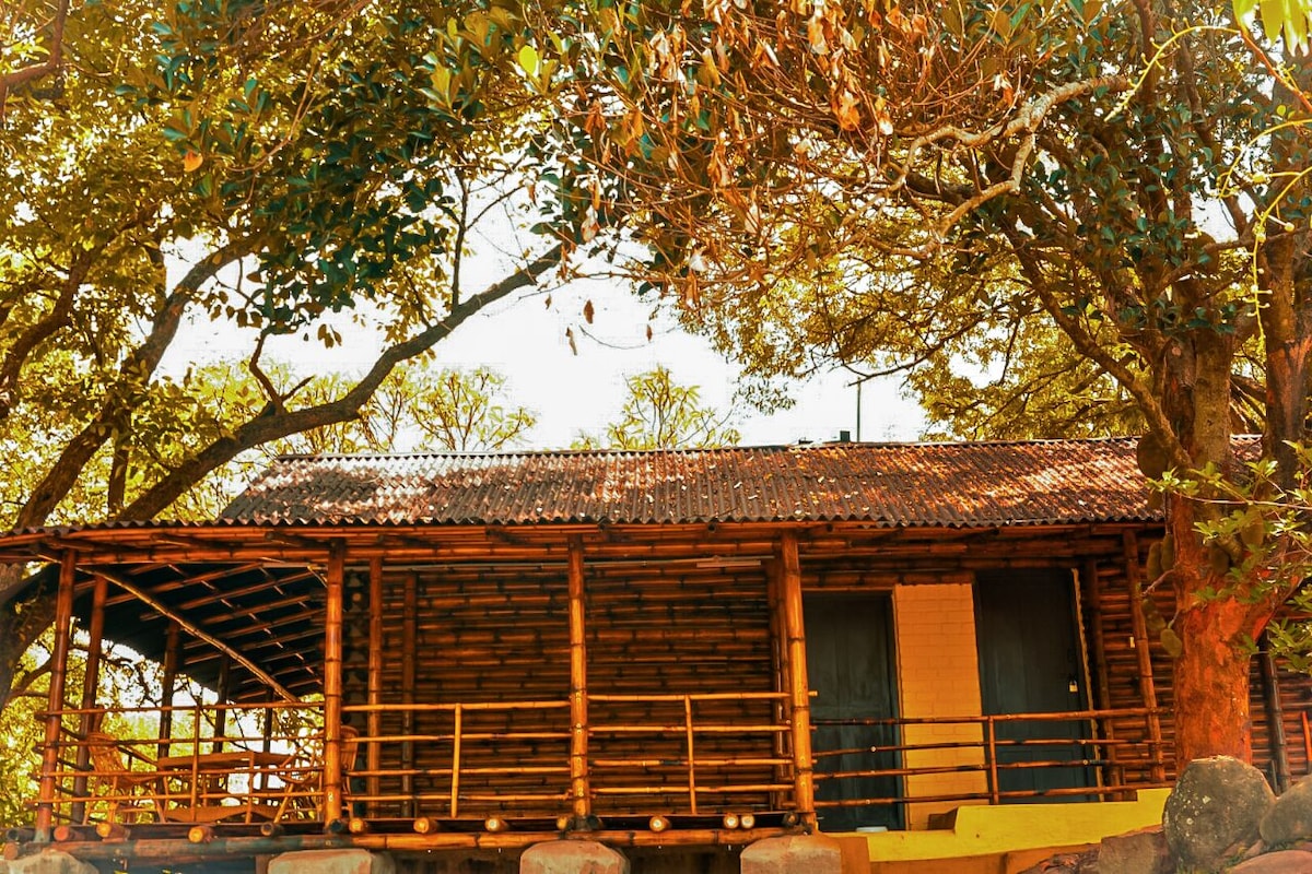 The bamboo log house is nestled among lush trees, featuring a traditional design with a cozy porch. Natural light filters through the spaces, and the structure is surrounded by greenery, contributing to a peaceful environment ideal for relaxation.