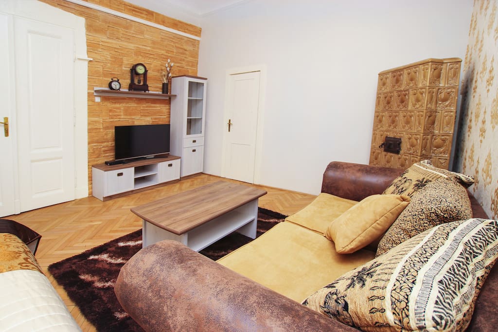 1st bedroom (double bed, single bed + living corner with TV)
