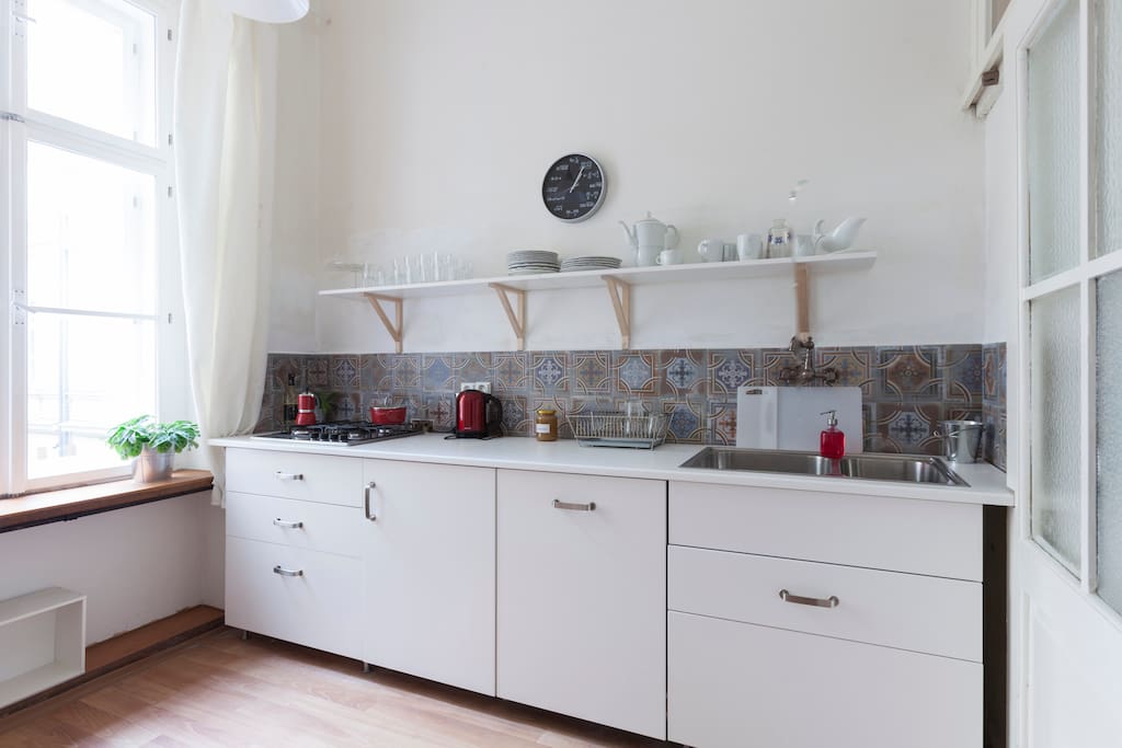 Fridge and dishwasher are built in. You will find kitchen basics here.