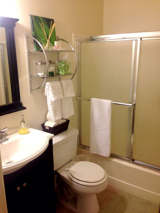 Clean and spacious bathroom with amenities.