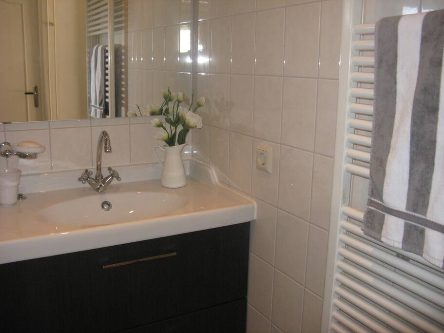 De bungalow heeft een nieuwe badkamer. Bij aankomst liggen er handdoeken en shampoo voor de gasten klaar.