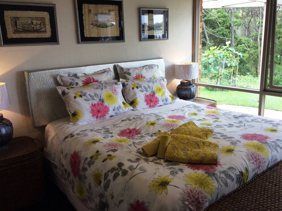 Bedroom 1 - King-size bed with view of the Lake. Quality sheets and towels provided.