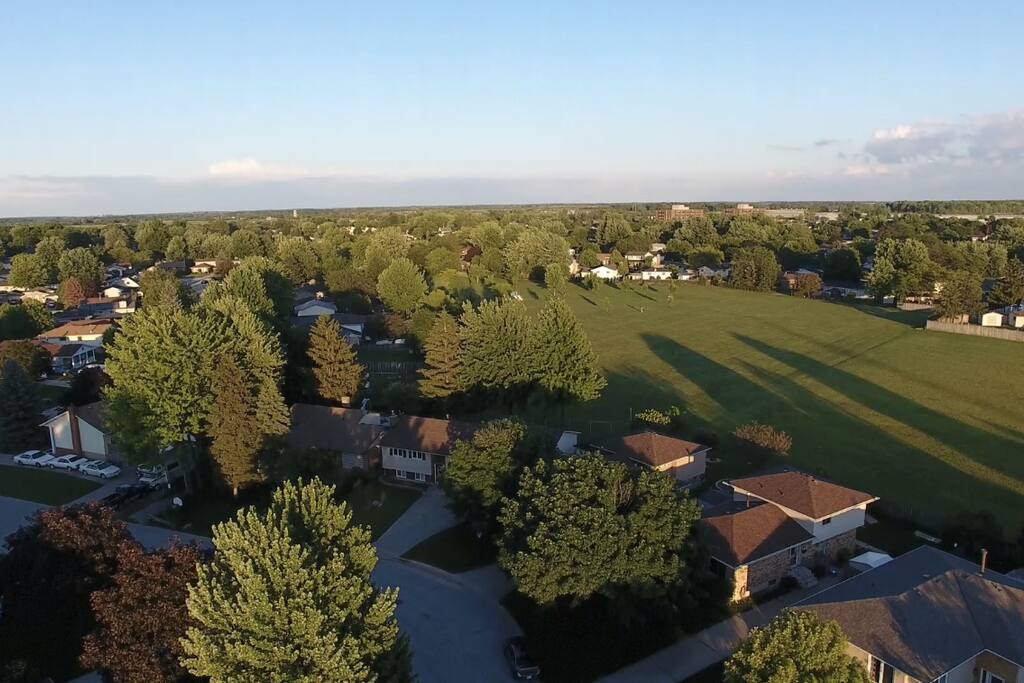 Ariel shot looking south from the house, quite safe side street.