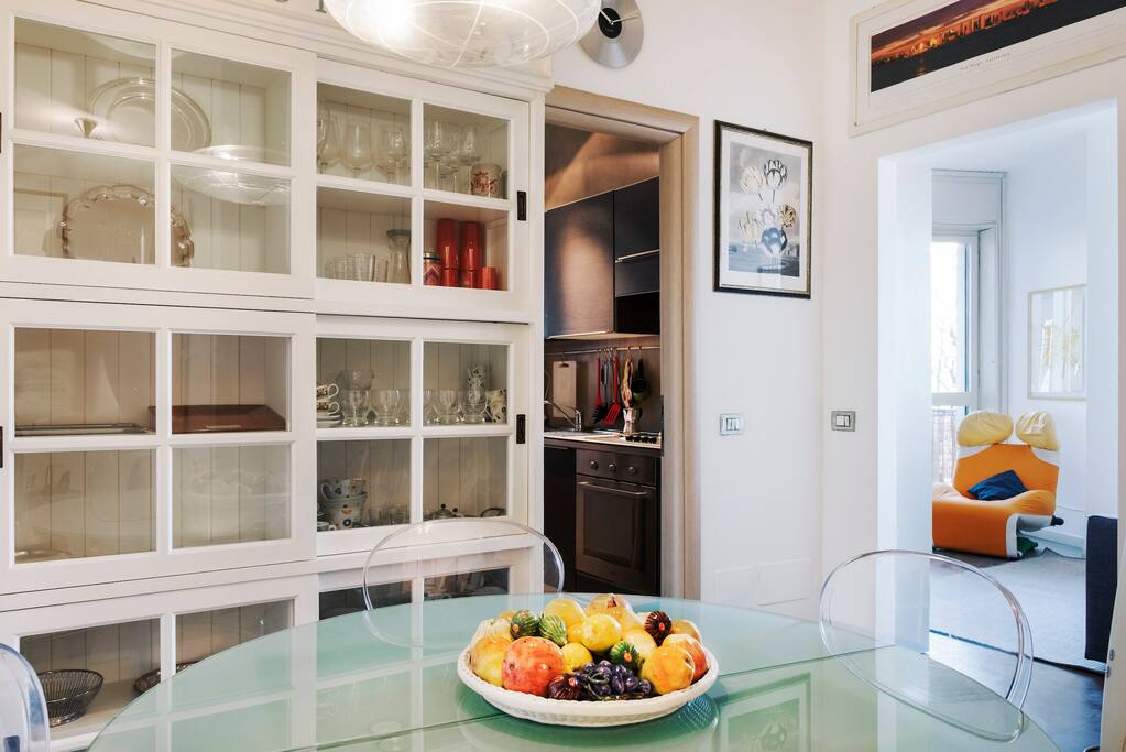The dining table with kitchen's view on the left