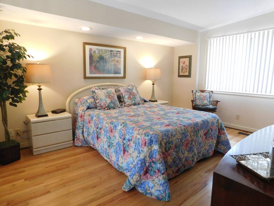 Master Bedroom with Queen Sized Memory Foam bed, a private porch & its own TV