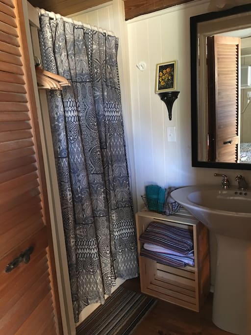 Full size bathroom with shower, sink, toilet and storage area with small closet
