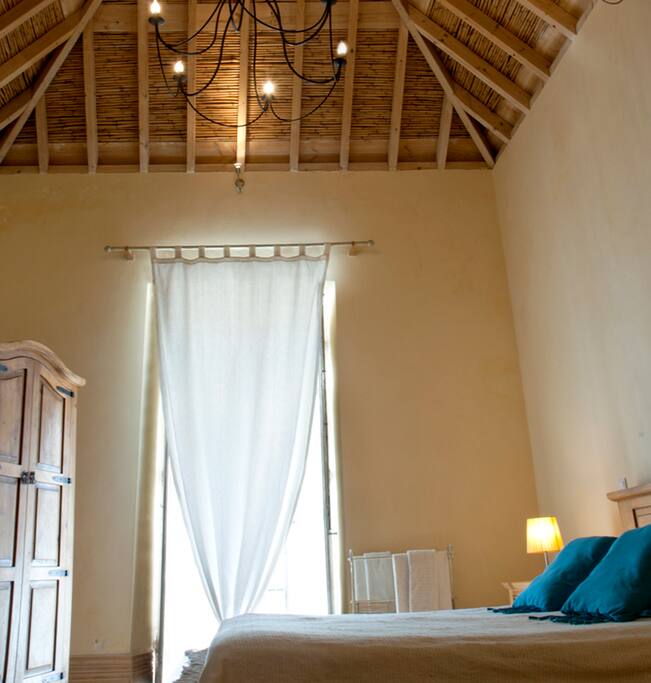 bedroom: french window; wooden ceiling and floor.
