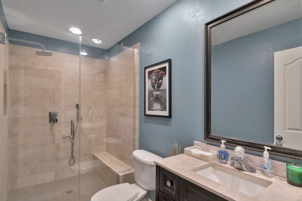 A guest bathroom designed for royalty. You might return just for the shower.
