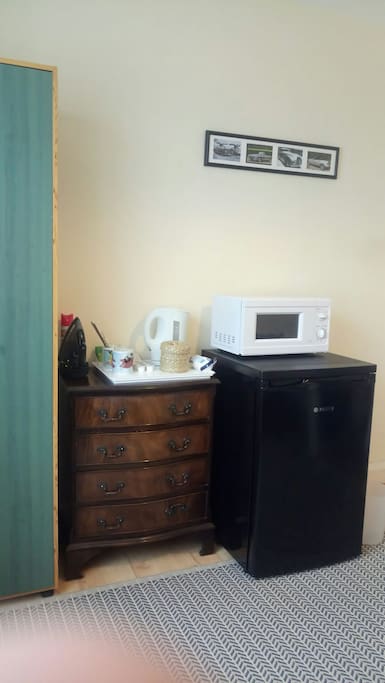 Kettle, microwave, fridge freezer, iron in the room