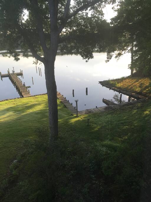 The view of the Corotoman with dock for boating, crabbing, fishing, and swimming.