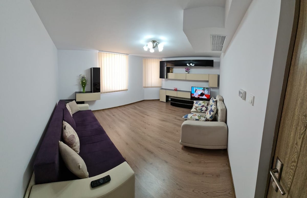 A spacious living area is furnished with a purple sofa and a light-colored armchair. Soft natural light filters through the window, illuminating the room's neutral-colored walls. A television is mounted on a modern entertainment unit, which complements the overall layout.