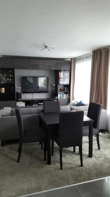 Large Open plan living room with dining table for 6 and Media unit including Cable TV and WiFi