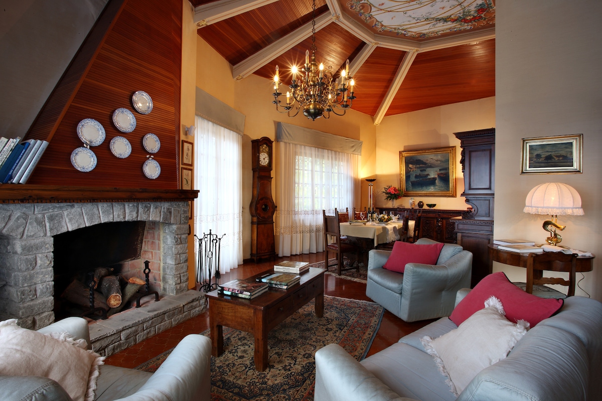 A cozy living area is highlighted by a central fireplace made of stone. Elegant light fixtures hang from the wooden ceiling, while muted walls complement the furnishings. Large windows allow natural light to fill the space, showcasing a mix of antique decor and comfortable seating.
