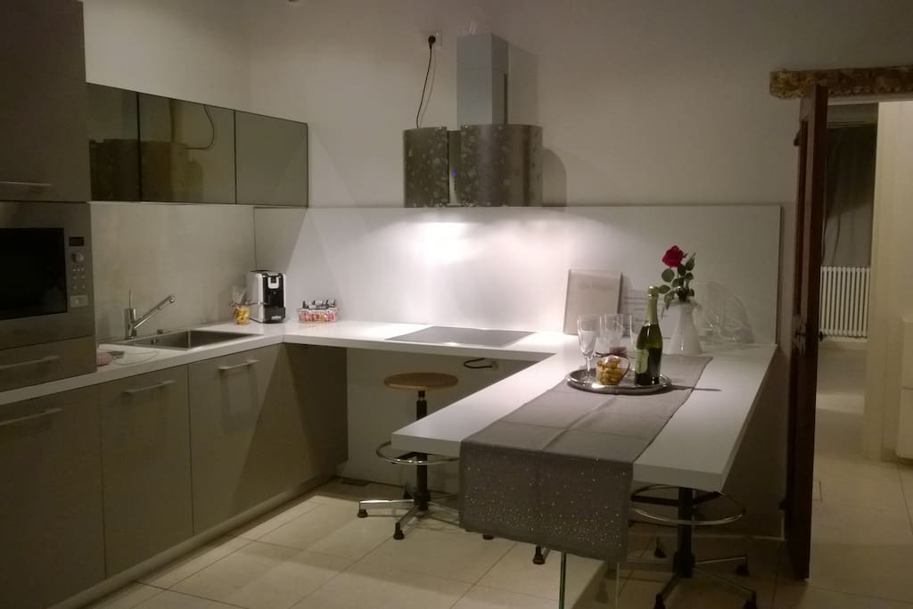 The kitchen with induction fire , inside the drawers ;dishes , glasses,cutlery .