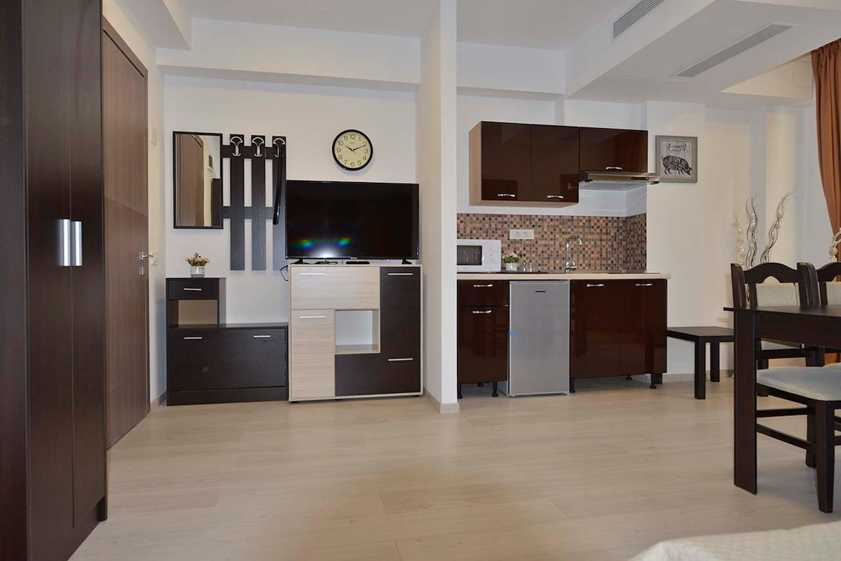 The modern kitchen area is equipped with sleek cabinetry, featuring a stove, mini-fridge, and kettle. A wall-mounted TV is positioned above a stylish console. A clock hangs on the wall, and a dining table with chairs is visible in the space, enhancing functionality.