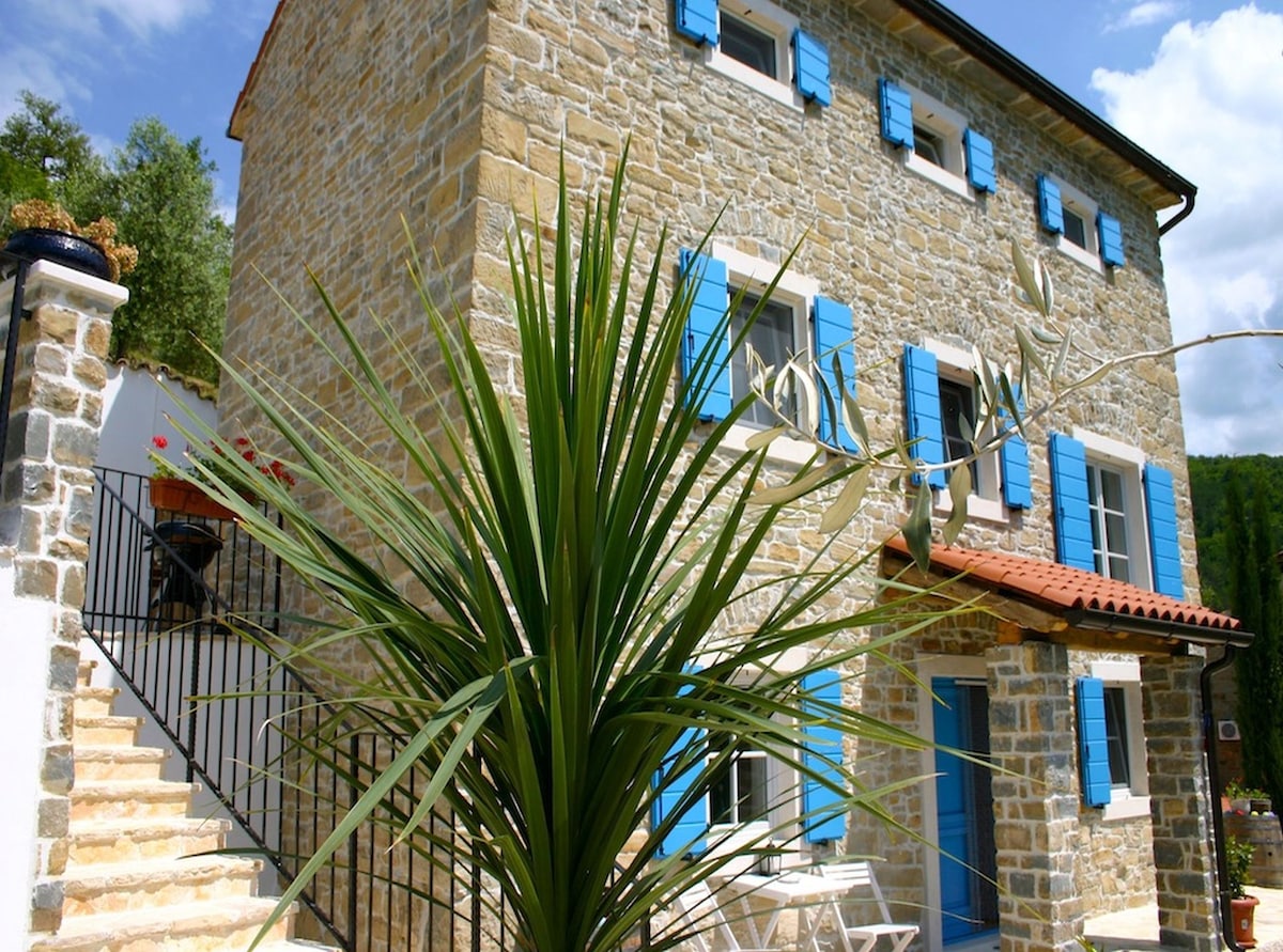 The rustic stone villa features blue window shutters and a tiled roof. A stairway with a railing leads to the entrance, while greenery, including a tall plant, adds to the inviting exterior. The surroundings showcase a natural landscape, enhancing the charm of the property.