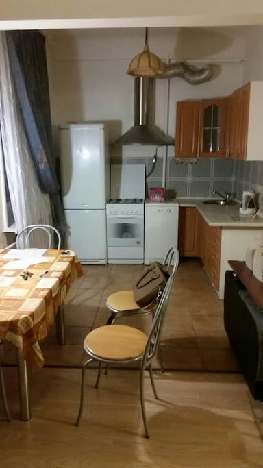 Кухня с холодильником, СВЧ печью, плитой и посудомойкой для ленивых