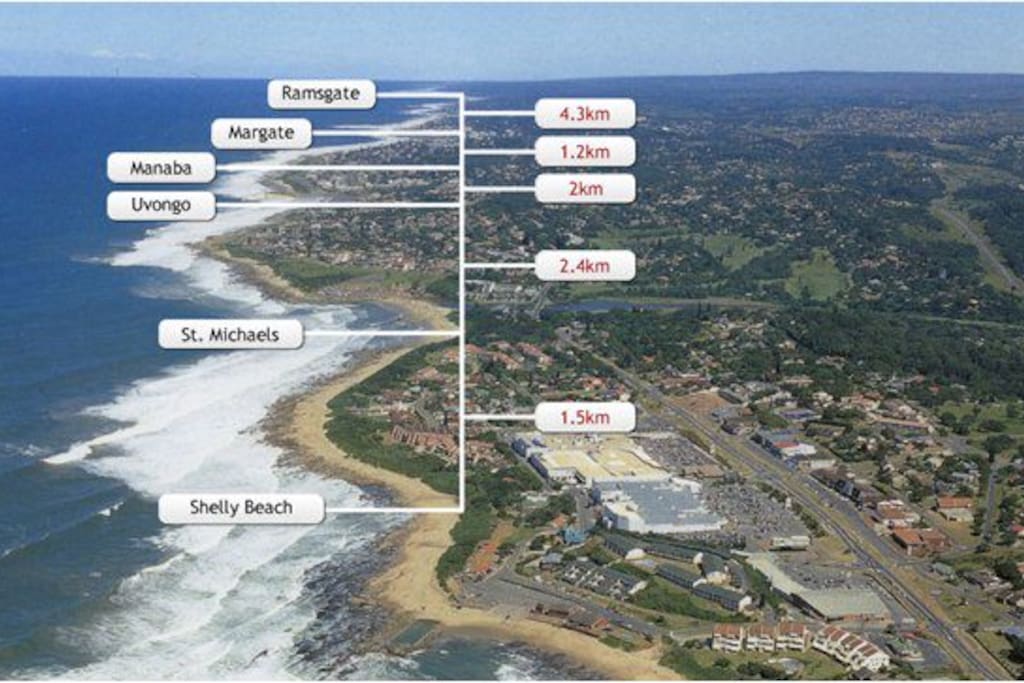 Shoreline and nearby towns. The resort is located in Uvongo close to St Michael's and Margate.