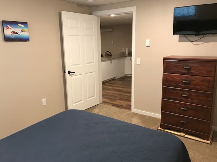 Bedroom #1, with queen size bed, closet, tv and dresser