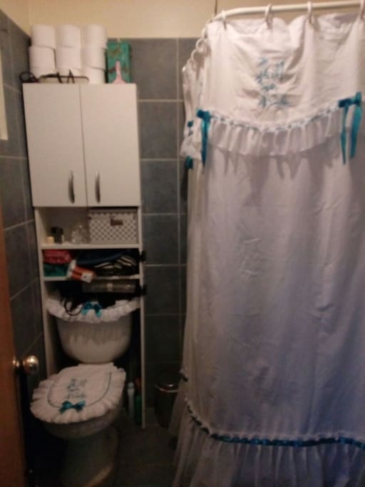 El baño ed con pie de ducha, y se debe compartir entre el viajero y yo.