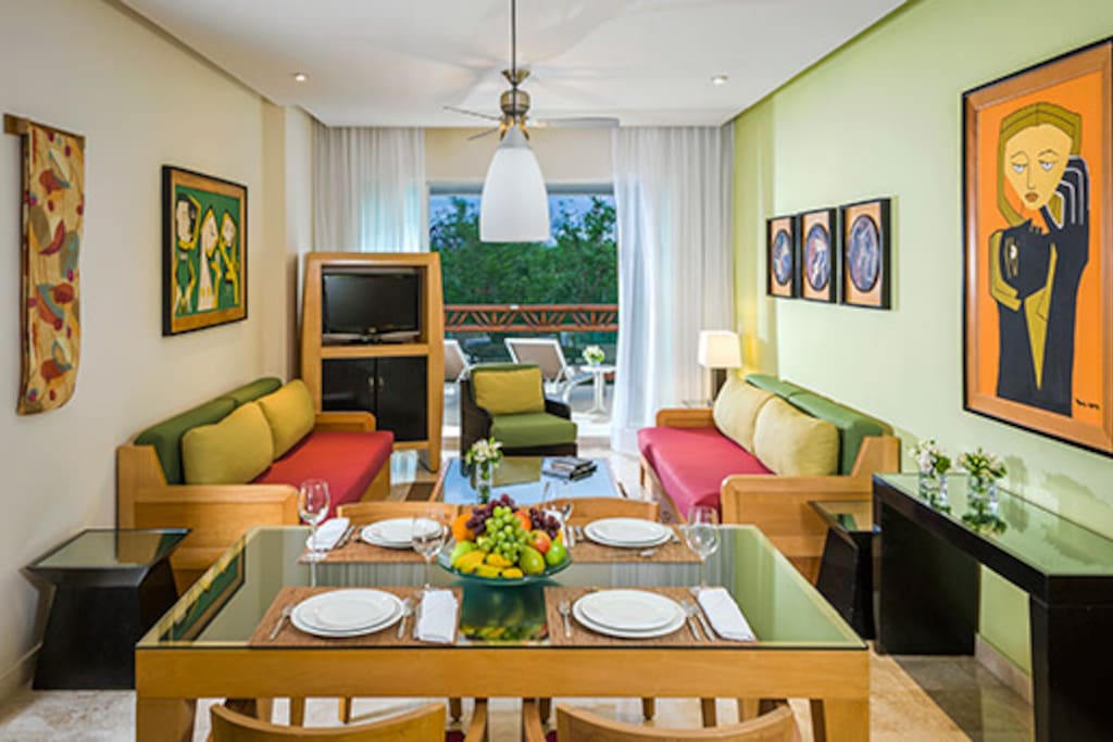the living room and dining area