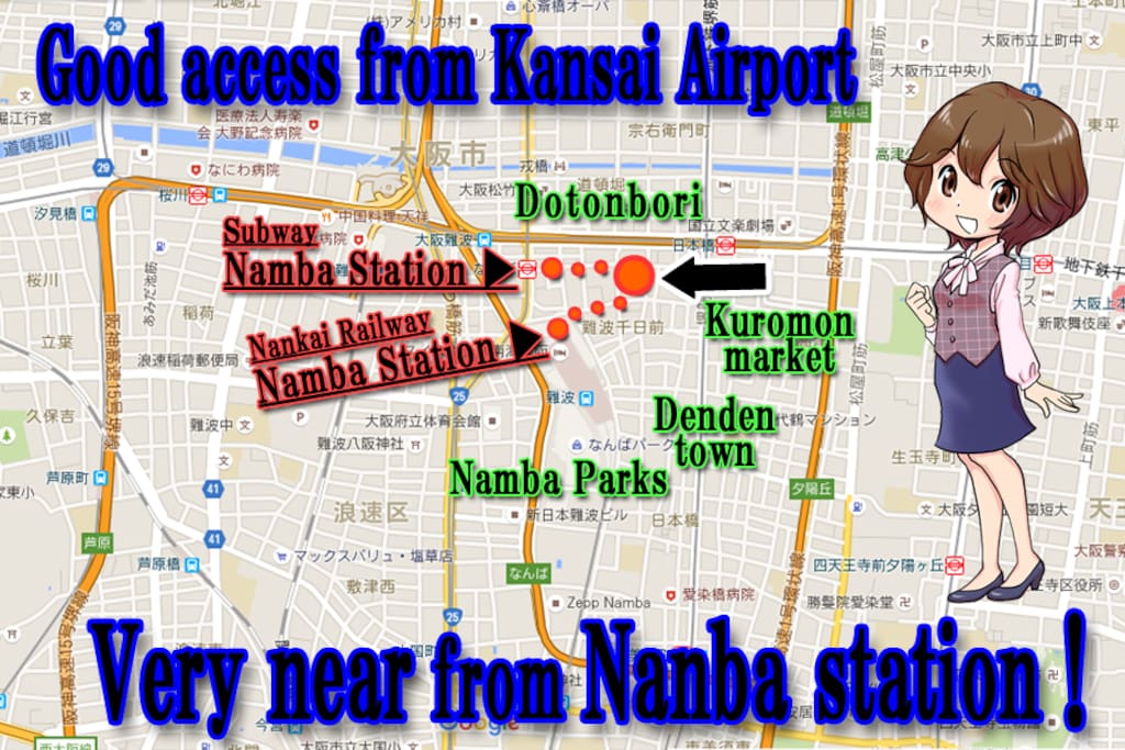 2 min walk from Station.
5 min walk from Namba Station.