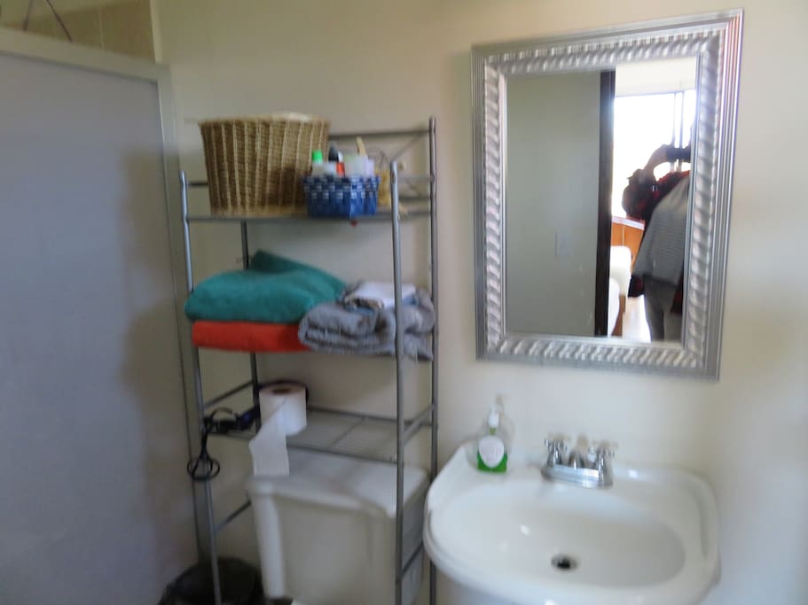 Bathroom is new and clean, shower, toilet and sink. Lots of towels, tp, hairdryer, nail polish remover, toothpaste etc