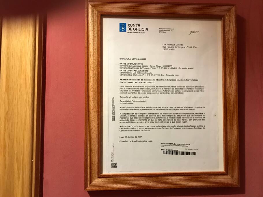 Apartamento dado de alta en la Xunta de Galicia.