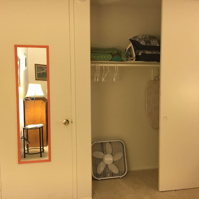 Full length mirror & closet space in your room - hangers, fan, iron/ironing board, extra pillows/blankets for your use