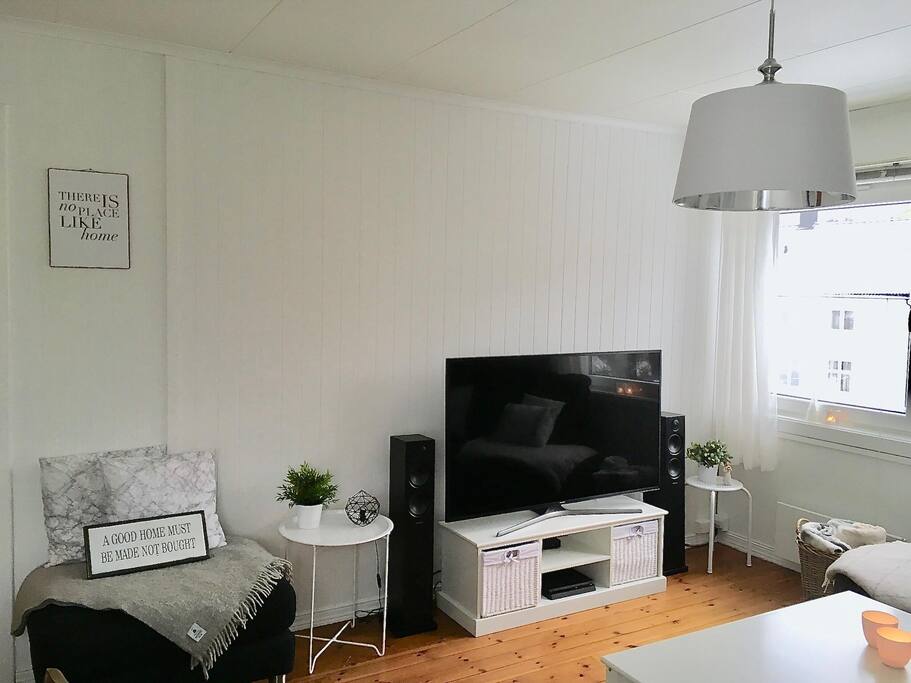 Stue med sofa, TV, spisebord og vedovn.