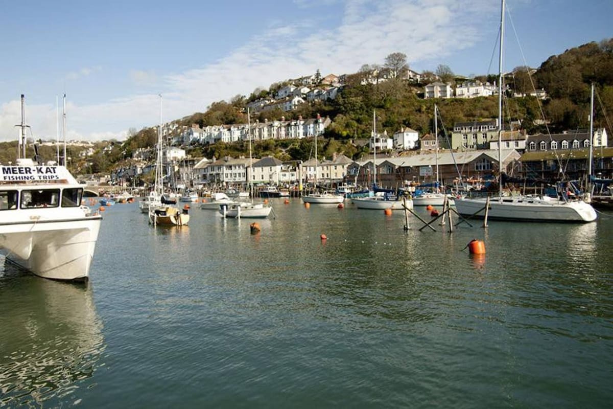 A scenic harbor is depicted with several boats anchored in calm waters. Colorful buoys float near the vessels. In the background, a hillside is seen, featuring a row of charming buildings with greenery, enhancing the peaceful harbor setting.